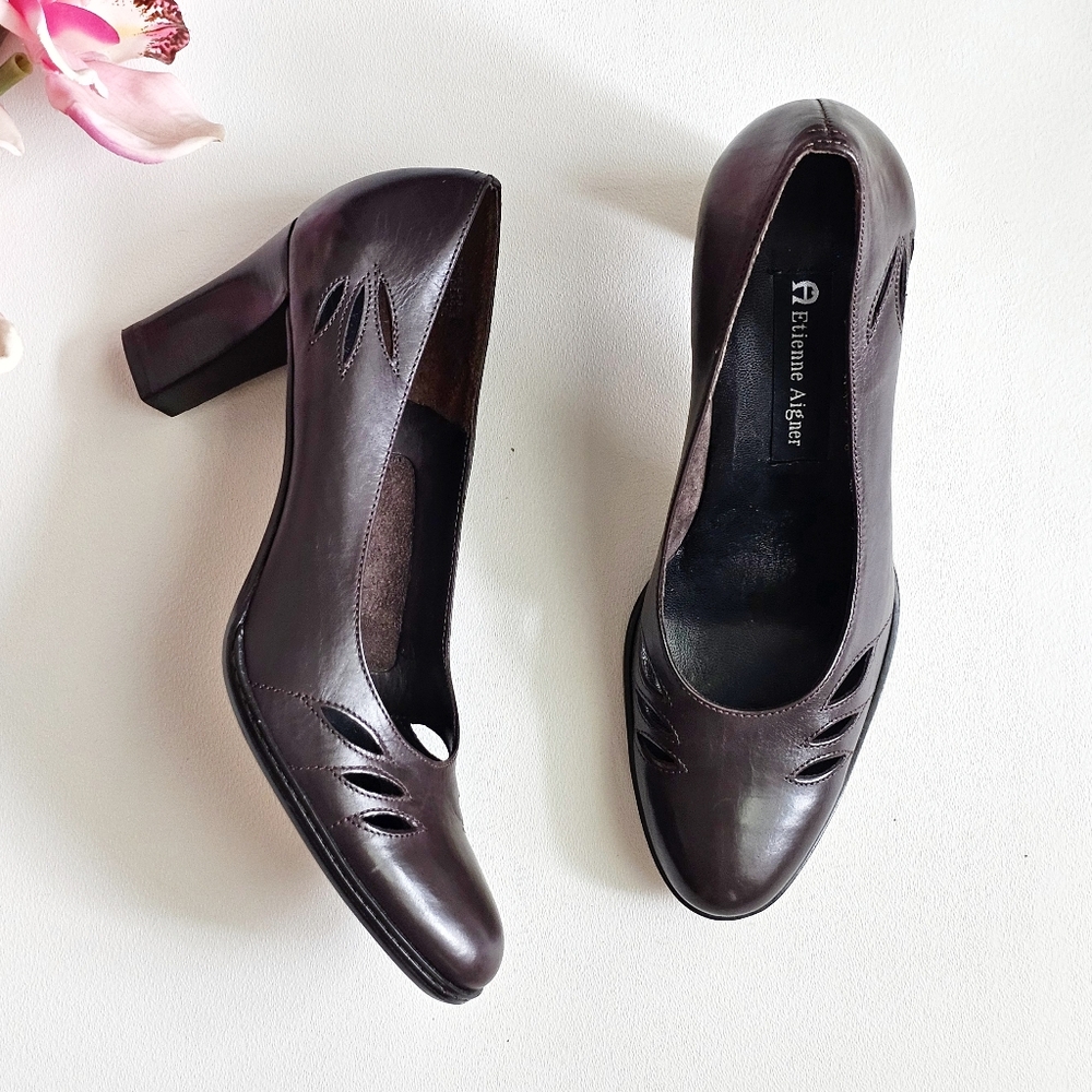 Vintage Etienne Aigner Ville Genuine Leather Chocolate Brown Heels | Size 7.5M